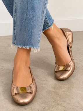Cole Haan Metallic Rose Gold Pink Ballet Flats Size 10B Bow Detail